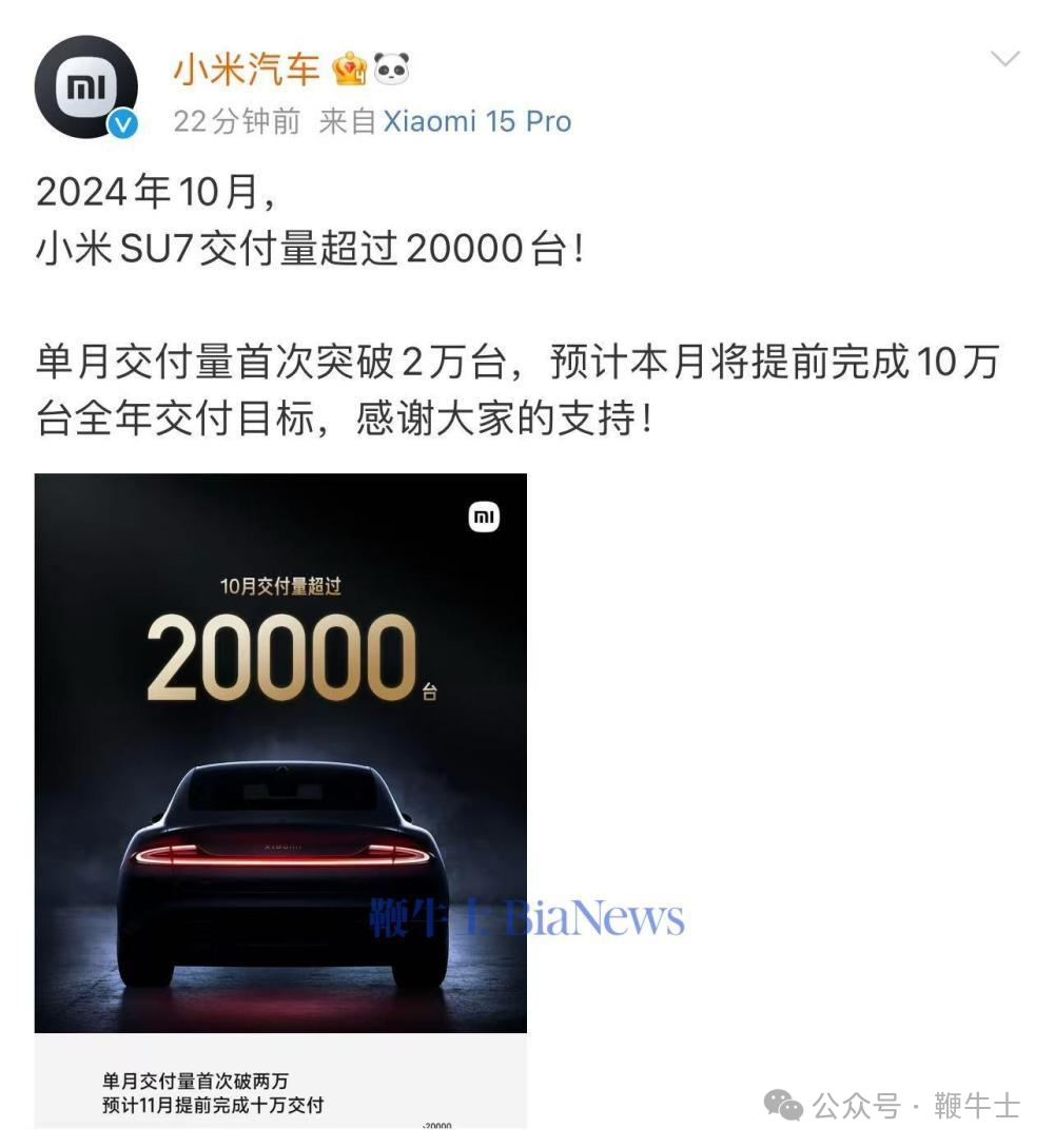 新能源车企10月销量：比亚迪破50万辆，小米首破2万辆，哪吒未交卷